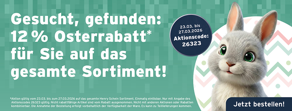 Gesucht, gefunden: 12 % Osterrabatt* für Sie auf das gesamte Sortiment; Aktionscode: 26323; Aktion gueltig vom 23.03. bis 27.03.2026.